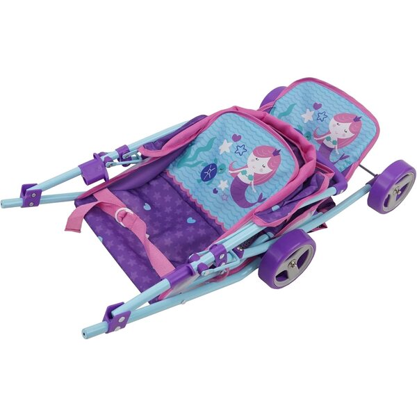 509 Mermaid Twin Kinderwagen für Puppen bis 18'' mit Vorhang und verstellbaren Gurten