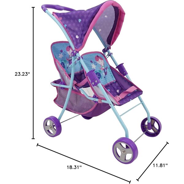 509 Mermaid Twin Kinderwagen für Puppen bis 18'' mit Vorhang und verstellbaren Gurten