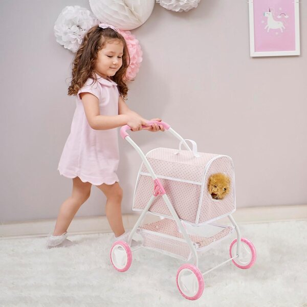 Olivia's Little World poppenwagen met afneembare pluchen houder roze/grijs
