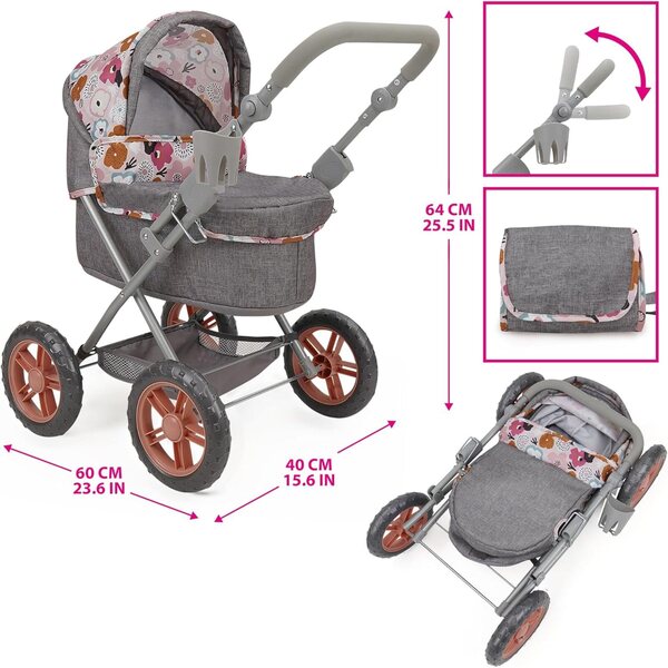 509 Crew Amanda Puppenwagen Melange Flora – Puppenwagen mit Zubehör und verstellbarem Griff