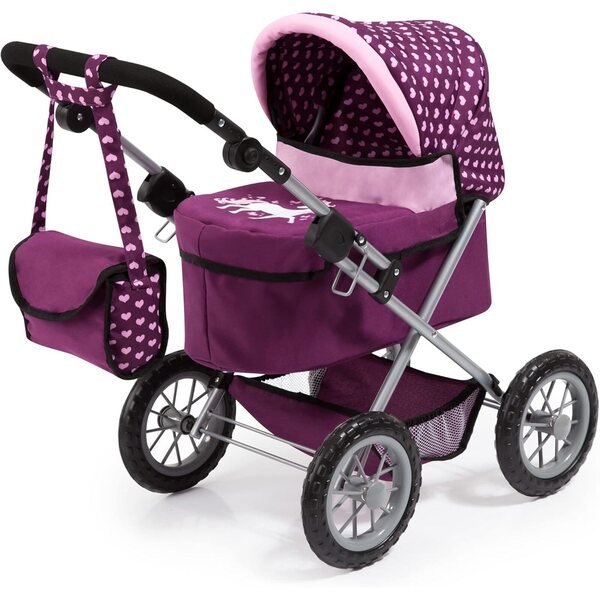 „Bayer“ madingas bordo ir rožinės spalvos lėlių vežimėlis su priedais ir reguliuojama rankena