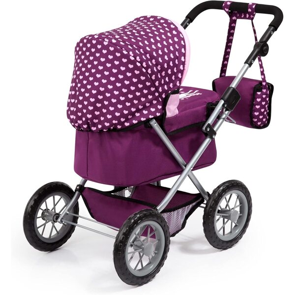 Bayer Trendy Puppenwagen in Burgunderrot und Rosa mit Zubehör und verstellbarem Griff
