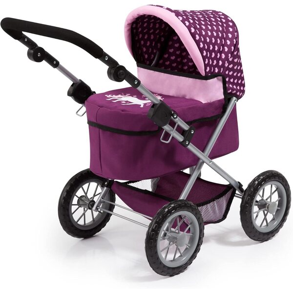Bayer Trendy Puppenwagen in Burgunderrot und Rosa mit Zubehör und verstellbarem Griff
