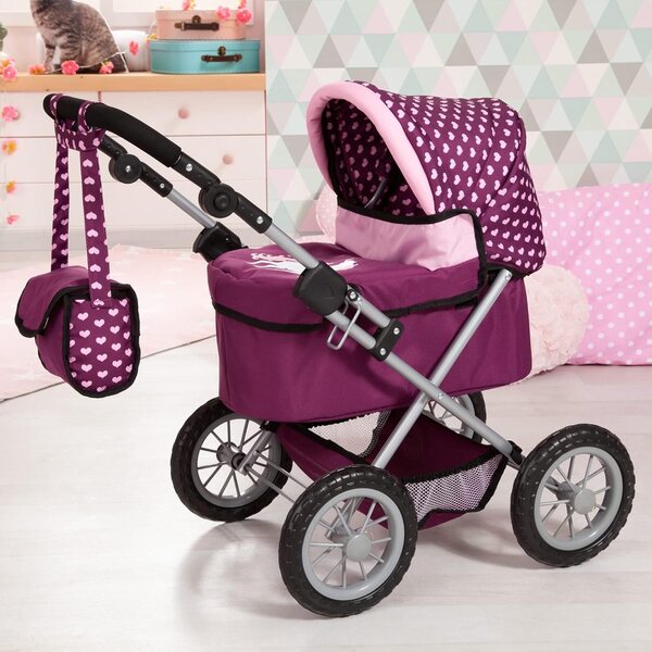 Bayer Trendy Puppenwagen in Burgunderrot und Rosa mit Zubehör und verstellbarem Griff