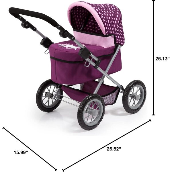 Bayer Trendy Puppenwagen in Burgunderrot und Rosa mit Zubehör und verstellbarem Griff