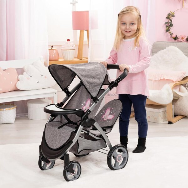 Zusammenklappbarer Zwillingskinderwagen für Puppen mit verstellbarem Griff und passender Tasche