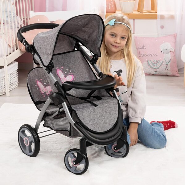 Zusammenklappbarer Zwillingskinderwagen für Puppen mit verstellbarem Griff und passender Tasche