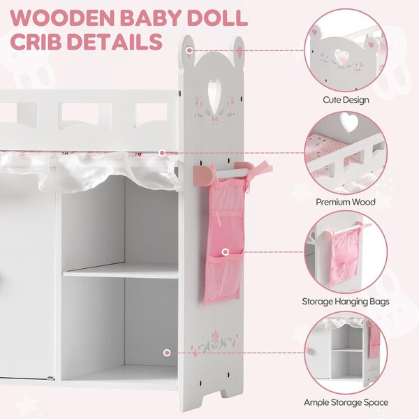 Houten babybedje voor babypop-wiegpoppen met commode en organizerruimte