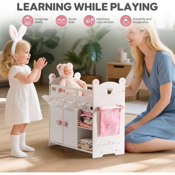 Houten babybedje voor babypop-wiegpoppen met commode en organizerruimte