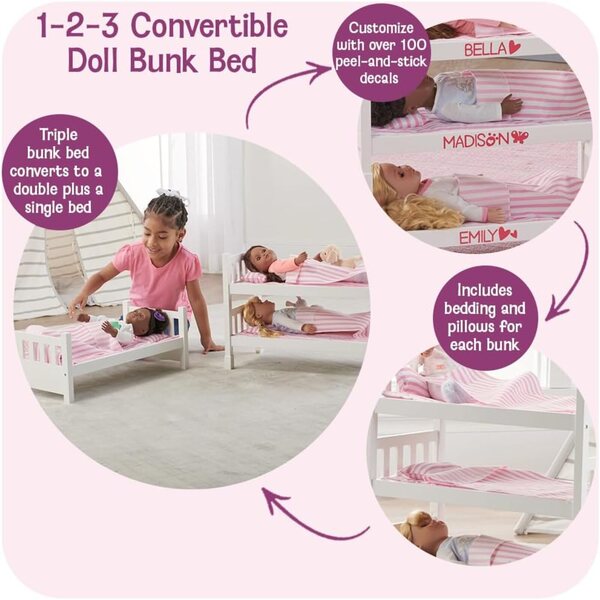 Umwandelbares Etagenbett für 18-20'' Puppen mit rosa gestreiftem Leinen