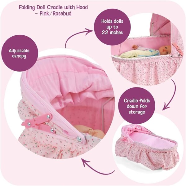 Badger Basket Folding Doll Cradle with Hood fits Dolls 18 to 22-Inches - Pink/Rosebud Design with Bedding for Imaginative Play