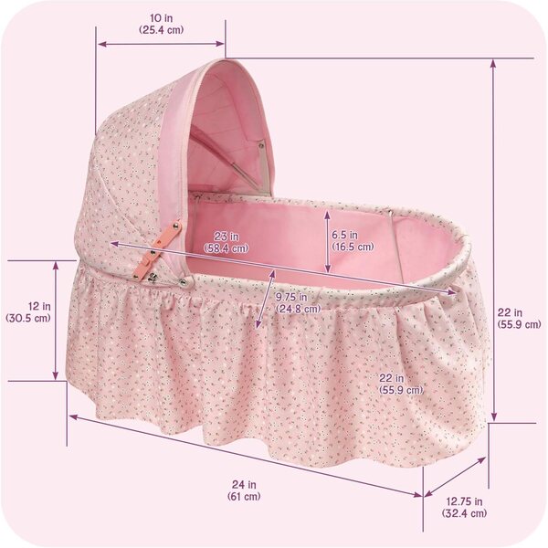 Badger Basket Folding Doll Cradle with Hood fits Dolls 18 to 22-Inches - Pink/Rosebud Design with Bedding for Imaginative Play