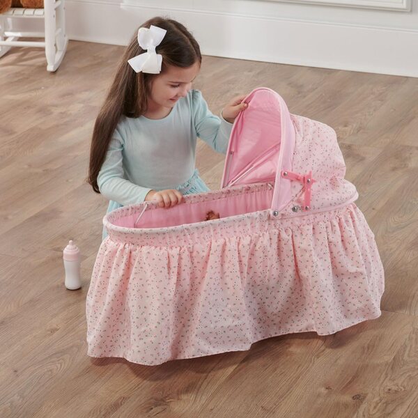 Badger Basket Folding Doll Cradle with Hood fits Dolls 18 to 22-Inches - Pink/Rosebud Design with Bedding for Imaginative Play