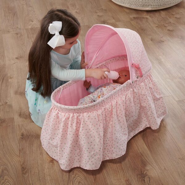Badger Basket Folding Doll Cradle with Hood fits Dolls 18 to 22-Inches - Pink/Rosebud Design with Bedding for Imaginative Play