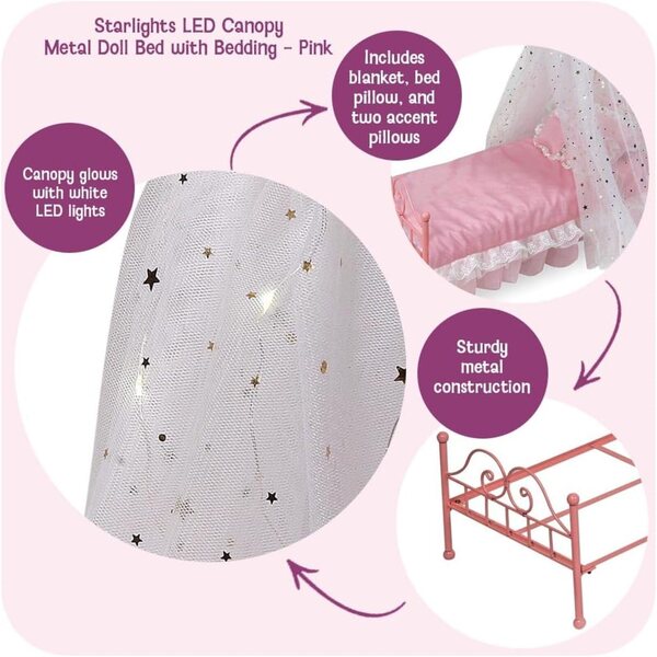 Badger Basket Starlights Puppenbett mit LED und Baldachin für 18-Zoll-Puppen