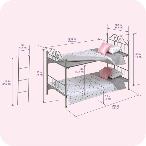 Etagenbett aus Metall für 18-Zoll-Puppen mit Leiter und Wendebettwäsche