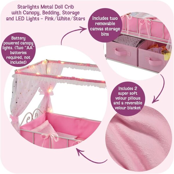 Badger Basket Starlights Puppenbett mit LED-Lichtern, Veloursstoff und Stauraum