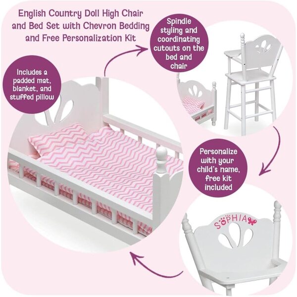 Badger Basket Doll High Chair and Bed Set - Classic Wooden Furniture for 18 Inch Dolls with Chevron Bedding, Spindle Styling, Fixed Tray and Pillow Accessories - White and Pink