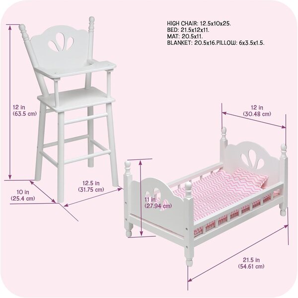 Badger Basket Doll High Chair and Bed Set - Classic Wooden Furniture for 18 Inch Dolls with Chevron Bedding, Spindle Styling, Fixed Tray and Pillow Accessories - White and Pink