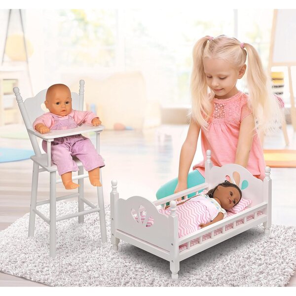Badger Basket Doll High Chair and Bed Set - Classic Wooden Furniture for 18 Inch Dolls with Chevron Bedding, Spindle Styling, Fixed Tray and Pillow Accessories - White and Pink