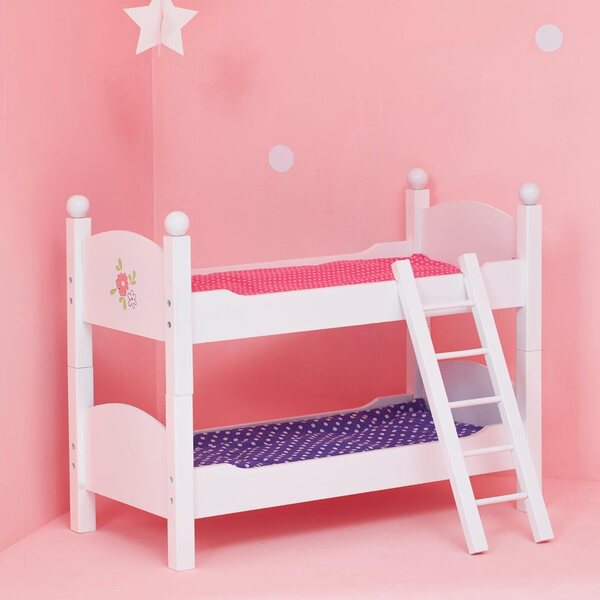 Umwandelbares Etagenbett für 18-Zoll-Puppen mit rosa und lila Laken, sicher und realistisch