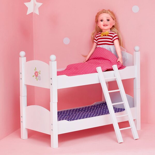 Umwandelbares Etagenbett für 18-Zoll-Puppen mit rosa und lila Laken, sicher und realistisch
