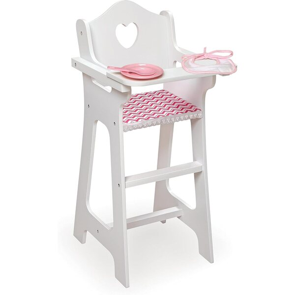 Badger Basket Chevron Doll High Chair with Plate, Bib, and Spoon – Ideal for Feeding 18-Inch Dolls in White and Pink