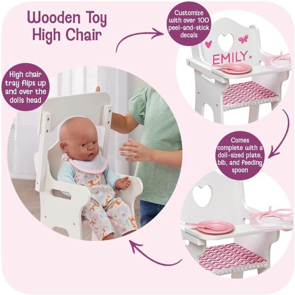 Badger Basket Chevron Doll High Chair with Plate, Bib, and Spoon – Ideal for Feeding 18-Inch Dolls in White and Pink