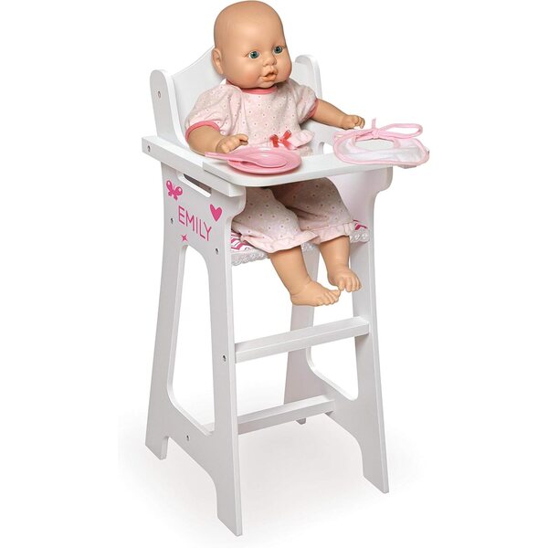 Badger Basket Chevron Doll High Chair with Plate, Bib, and Spoon – Ideal for Feeding 18-Inch Dolls in White and Pink