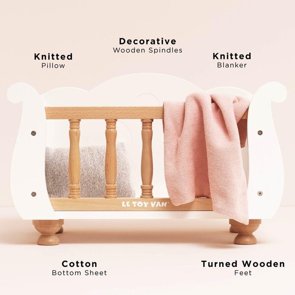 Le Toy Van Puppenbett aus Holz mit Retro-Details und weichen Accessoires