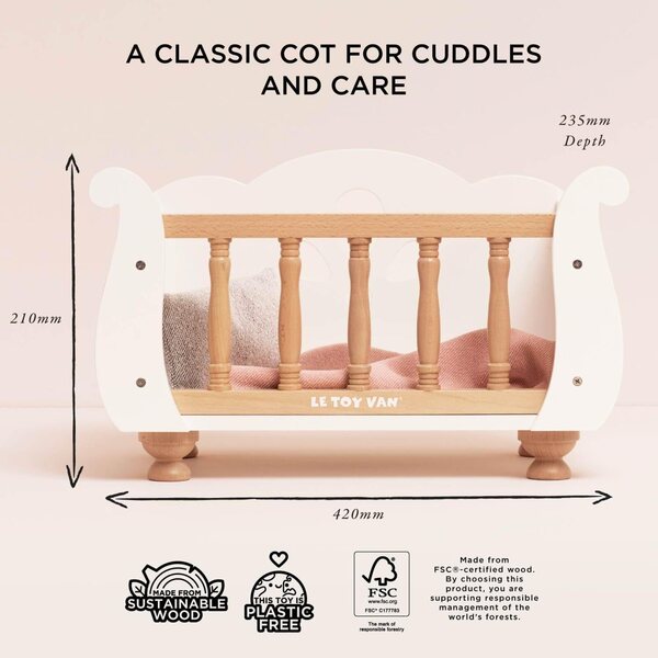 Le Toy Van Puppenbett aus Holz mit Retro-Details und weichen Accessoires