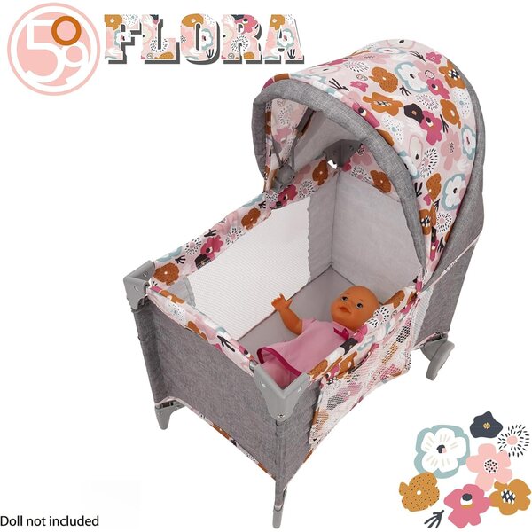 509 Crew Melange Flora Deluxe Spielbett für Puppen bis 18 Zoll mit Rädern und Tasche