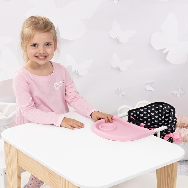 Bayer Doll Table Seat - Doll Chair for 18 inch Dolls, Feeding Tray, Black, Pink, Hearts