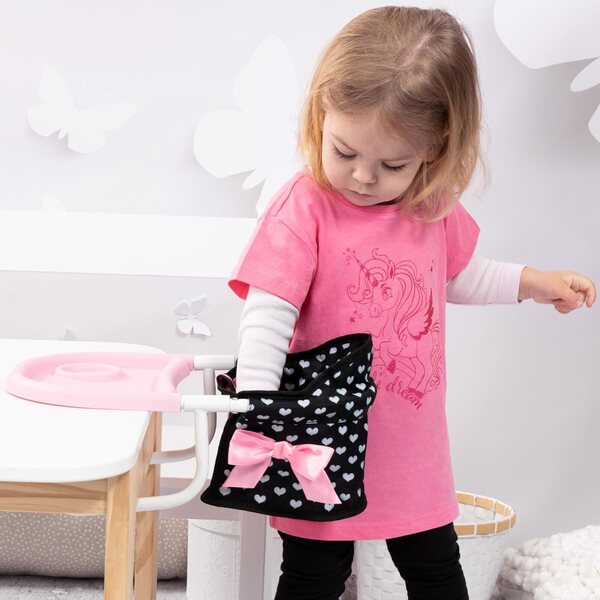 Bayer Doll Table Seat - Doll Chair for 18 inch Dolls, Feeding Tray, Black, Pink, Hearts