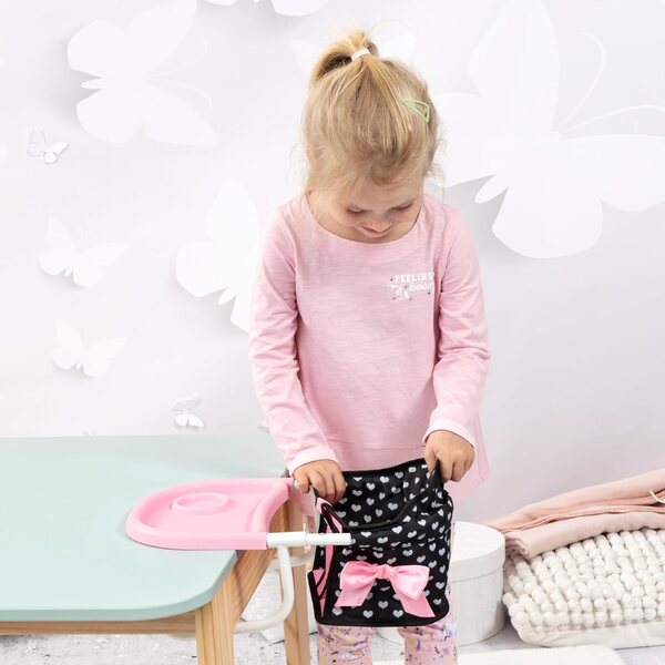 Bayer Doll Table Seat - Doll Chair for 18 inch Dolls, Feeding Tray, Black, Pink, Hearts