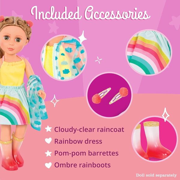 Třpytivá dívčí panenka s oblečením 14 palců – oblečení Úsměv! Rain and Rainbow