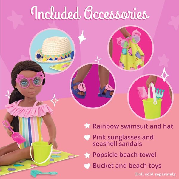 Glitzerndes Mädchen-Strandkleid für 14-Zoll-Puppen – Regenbogenkostüm und Accessoires