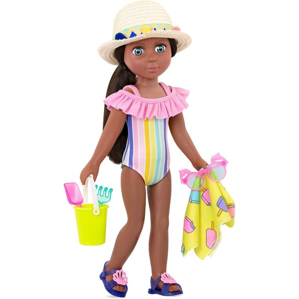 Glitzerndes Mädchen-Strandkleid für 14-Zoll-Puppen – Regenbogenkostüm und Accessoires