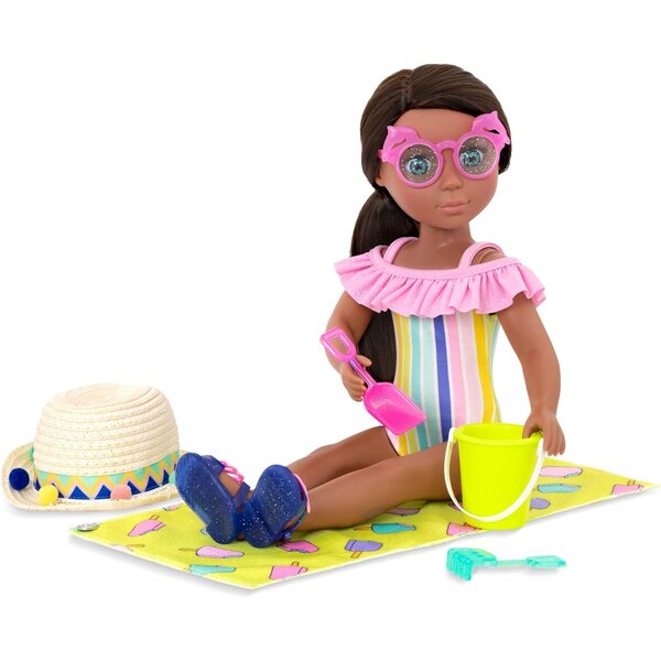 Glitzerndes Mädchen-Strandkleid für 14-Zoll-Puppen – Regenbogenkostüm und Accessoires