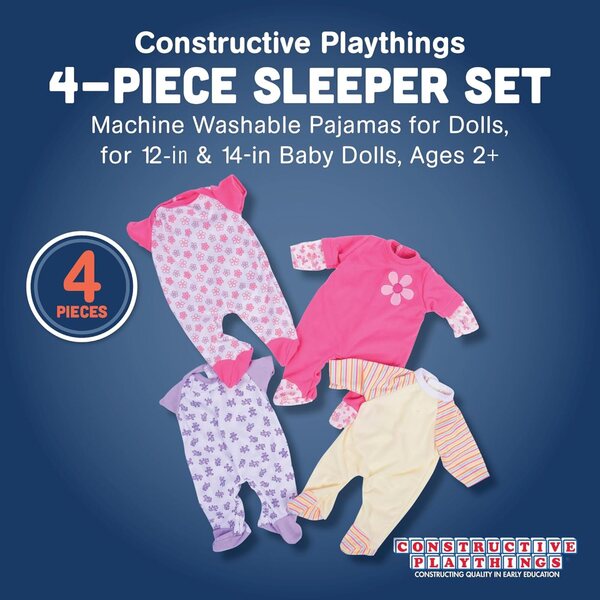Set mit 4 Pyjamas für 12–14 Zoll große Puppen mit Klettverschluss, maschinenwaschbar