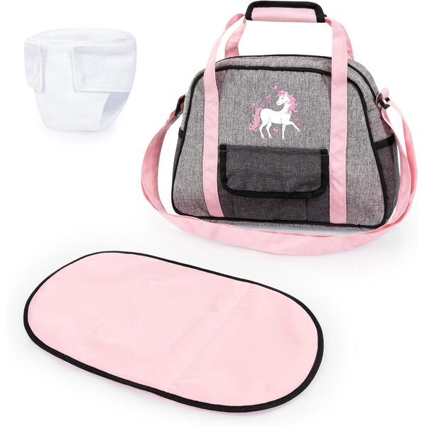 Puppentasche mit Wickelzubehör | Rosa-graues Einhorn-Design für Kinder ab 18 Monaten