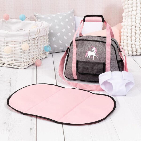 Puppentasche mit Wickelzubehör | Rosa-graues Einhorn-Design für Kinder ab 18 Monaten