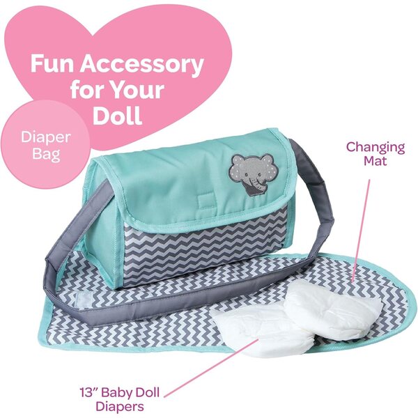 Adora Baby Doll Diaper Bag with Sturdy Straps, Includes Changing Mat and 2 Doll Diapers (Fits 13" Dolls), for Ages 3+ - Zig Zag Print