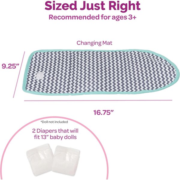 Adora Baby Doll Diaper Bag with Sturdy Straps, Includes Changing Mat and 2 Doll Diapers (Fits 13" Dolls), for Ages 3+ - Zig Zag Print