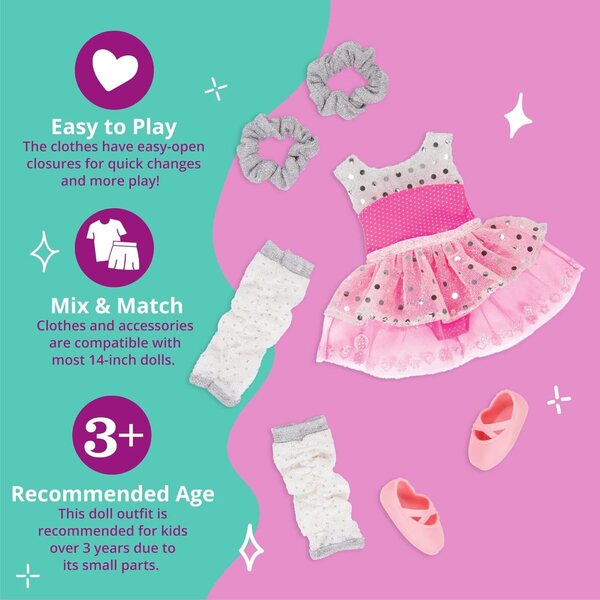 Glitzerndes Mädchen-Ballerina-Kleid-Set für 14-Zoll-Puppen mit Schuhen und Gummibändern