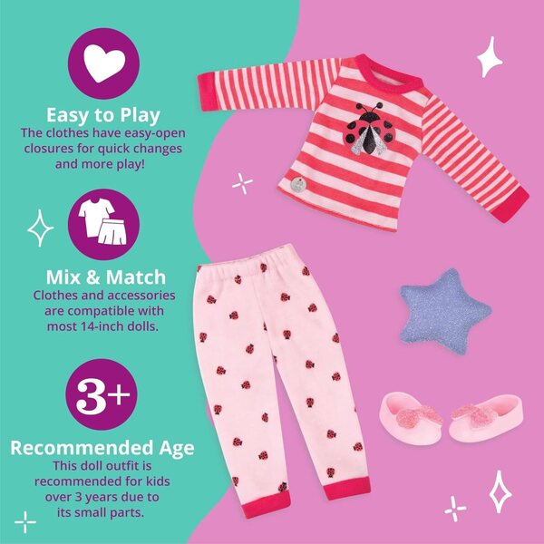 Pyžamový obleček Ladybug Glitter pro 14palcové panenky - kompletní sada 3+ let