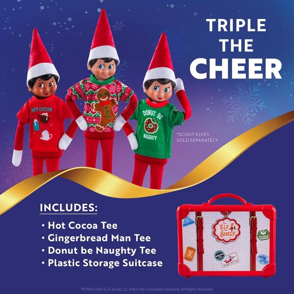 Set mit 3 Claus Couture T-Shirts für Elf on the Shelf mit exklusiven Weihnachtsdesigns