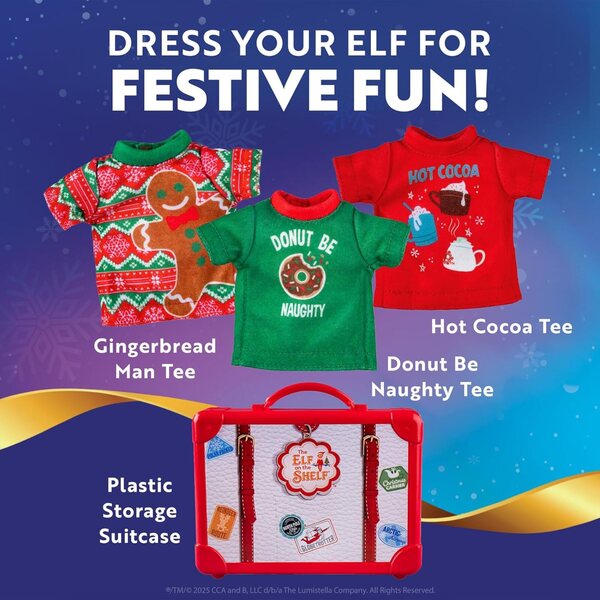 Set mit 3 Claus Couture T-Shirts für Elf on the Shelf mit exklusiven Weihnachtsdesigns