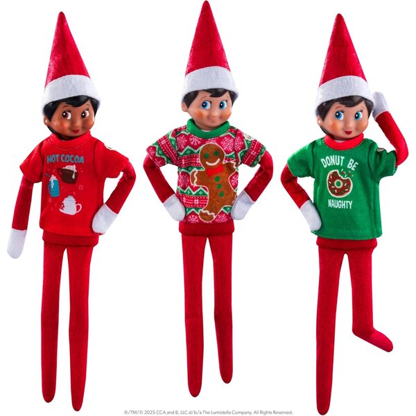 Set mit 3 Claus Couture T-Shirts für Elf on the Shelf mit exklusiven Weihnachtsdesigns
