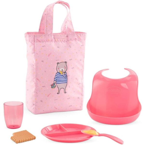 Corolle-Mahlzeitenset für große 14-17-Zoll-Puppen mit Zubehör und rosa Tasche